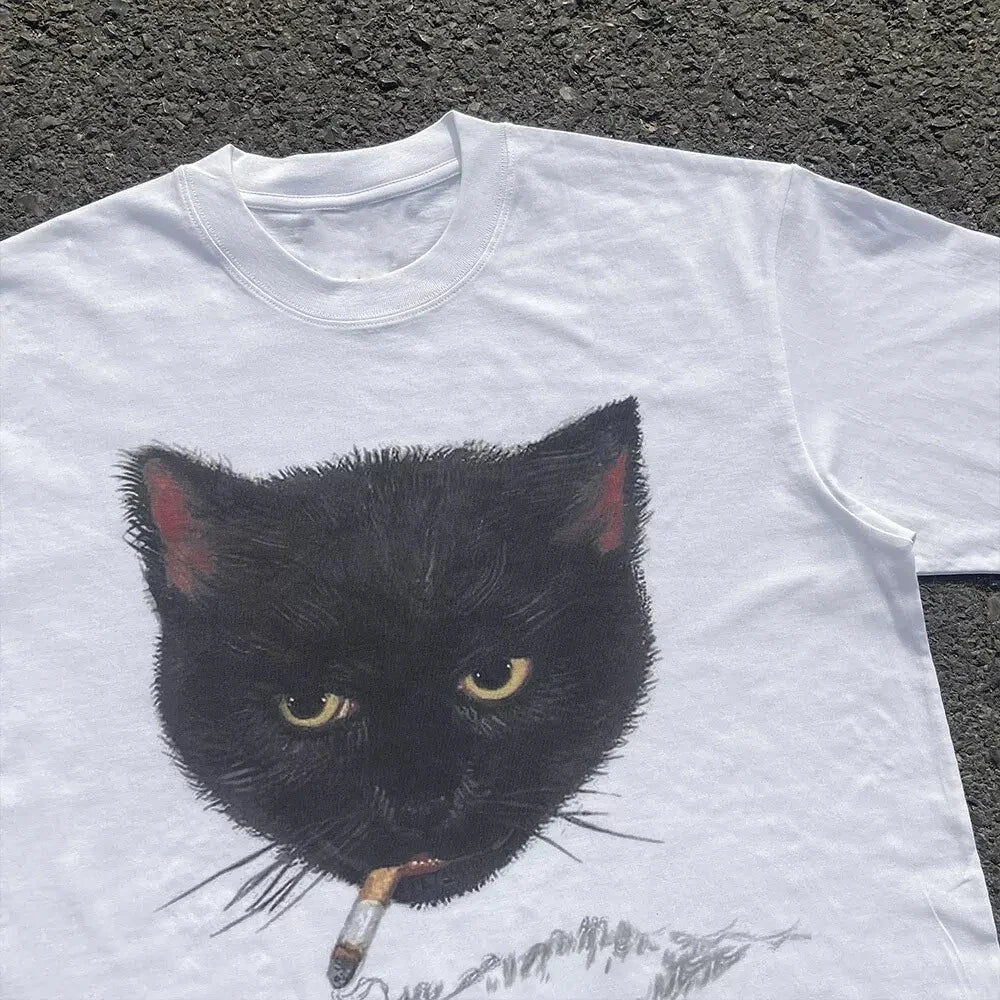 Y2k Smocking Cat Graphic Print Punk 90s Grunge Retro Rock Hip-hop