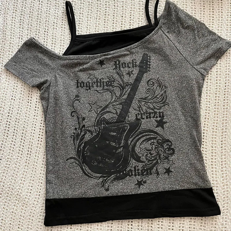 Y2k Slim Fit Print Tops Women Off Shoulder Short Sleeve Tee Shirt