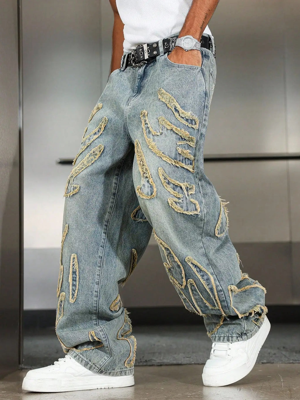 Men's Street Style Casual Patchwork Embroidered Frayed Hem Macau Blue