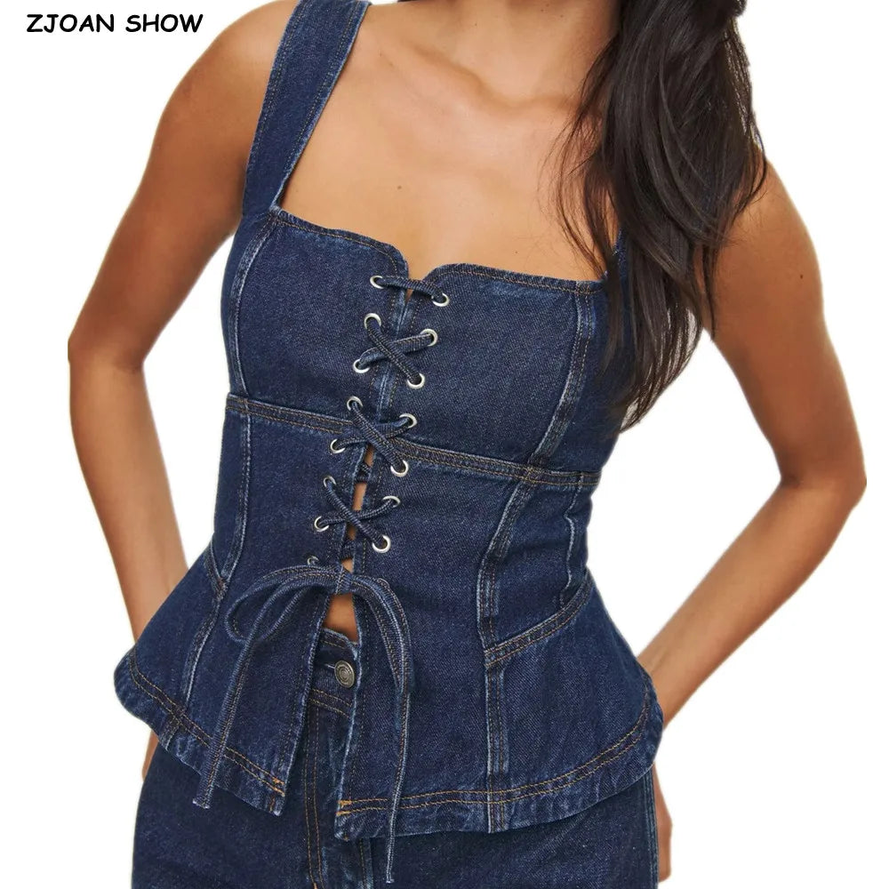 2025 Sexy Square Collar Blue Denim Camis Sexy Corset Women Front Cross