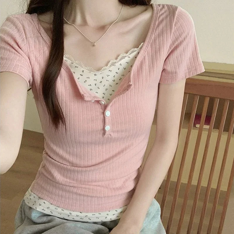 Women Soft Floral Lace Summer Blouse Lady Sweet Button Slim Fit 2024
