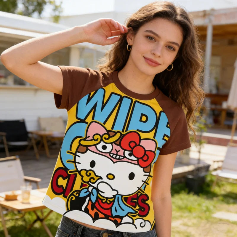 Cartoon Hello Kitty retro y2k shoulder sleeve short sleeve t-shirt