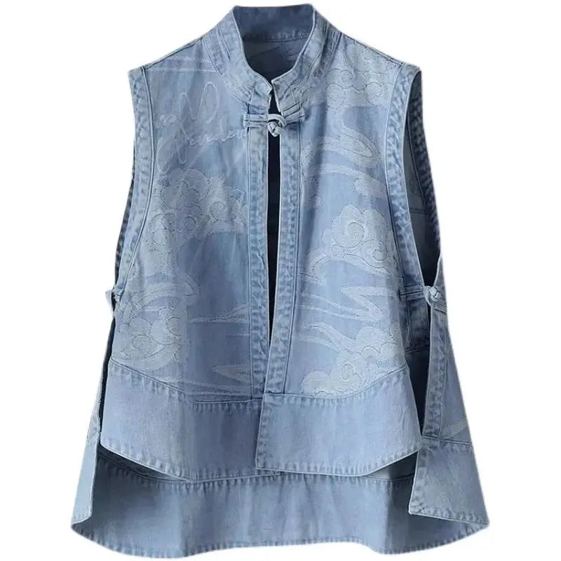 Ethnic Chinese Style Buckle Spring Summer Denim Vest Wearing A New