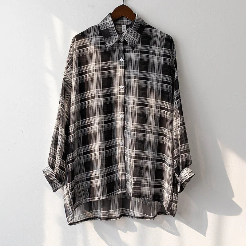 Sheer Chiffon Plaid Shirt for Women Ovesized Collared Button-down