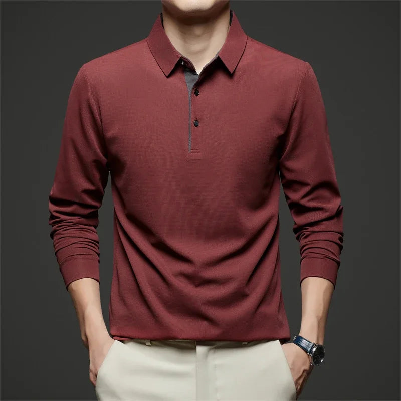 New Men's Business Casual  Long Sleeve Solid Color Polo Shirt