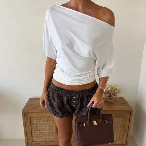 Talenza Summer One Shoulder Tops Fashion Slim Shrink Short Sleeve