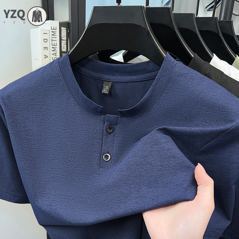 High elastic mens plain henley short sleeve shirt soft knit thin split