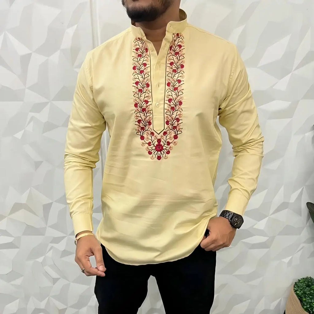 Mens Abaya Thobe Arabic National Style Henley Banded Plain Gown Shirts