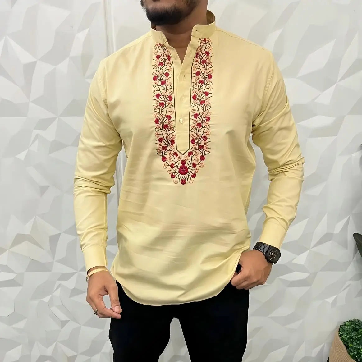 Mens Abaya Thobe Arabic National Style Henley Banded Plain Gown Shirts