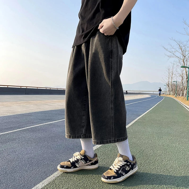 High Quality New Summer Men's Cropped Jeans Loose Straight Leg Casual