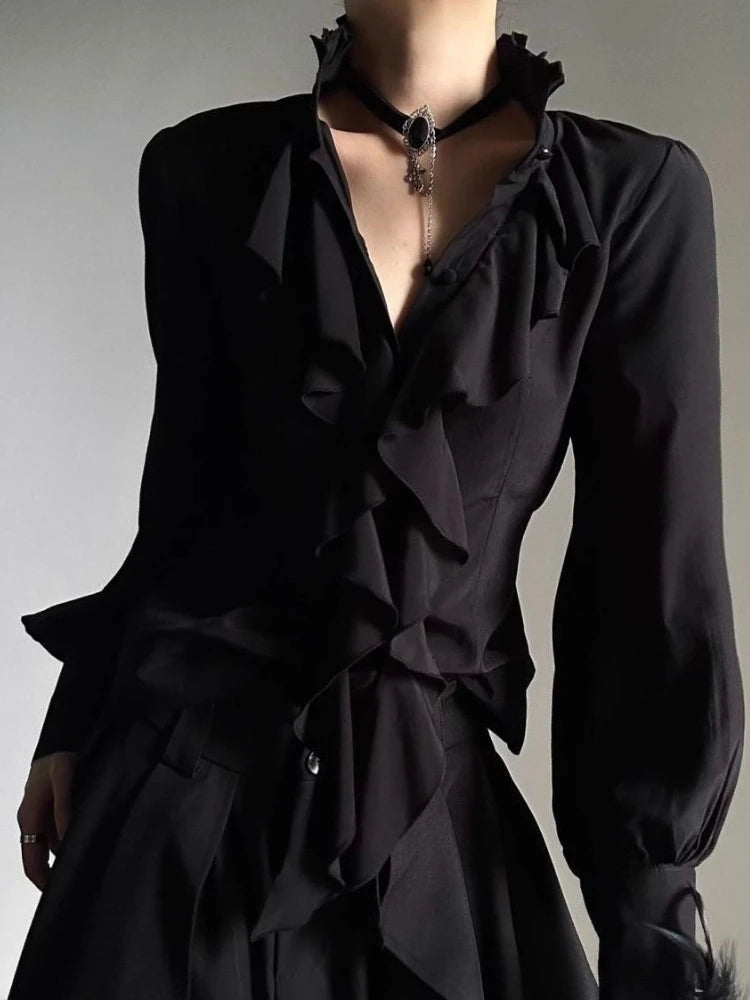 Deeptown White Ruffles Elegant Vintage Women Blouses Black Y2k