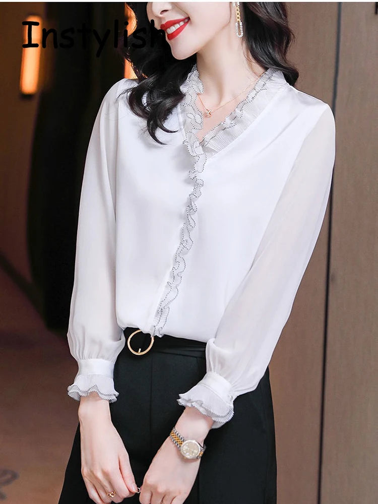 Elegant Women Chiffon Shirt Korean Blouse Office Lace Mesh Long Sleeve