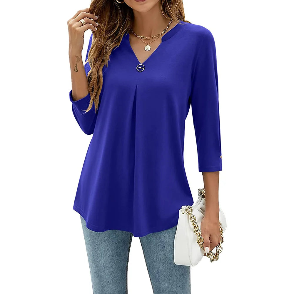 2024 Spring Autumn Women T-shirt V Neck 3/4 Sleeve Pin Decor Pleated