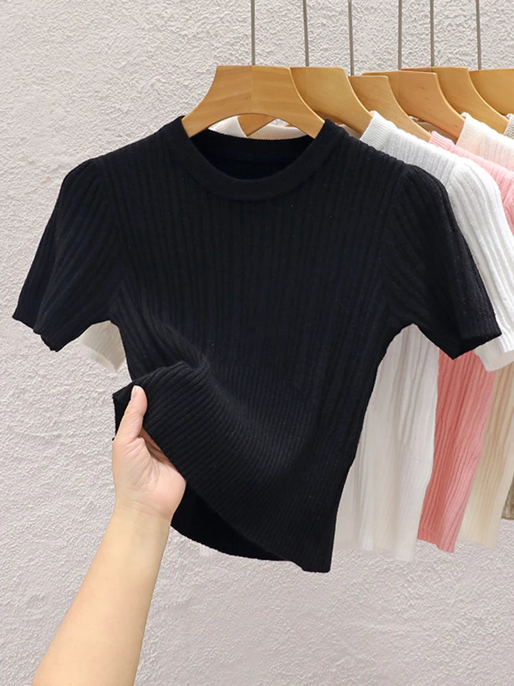 2026 Summer T shirts for Women Casual Female Korean Knit Streetwear