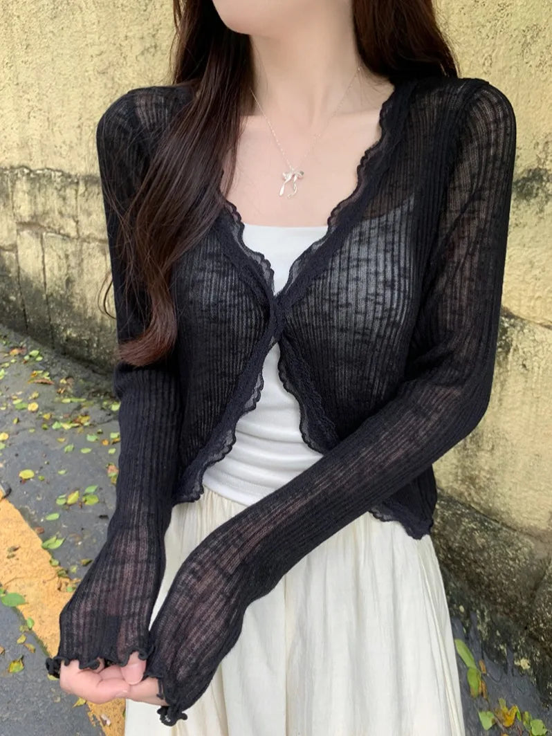 Lace Trim One Button Long Sleeve Crop Top Women Short Sleeve Open