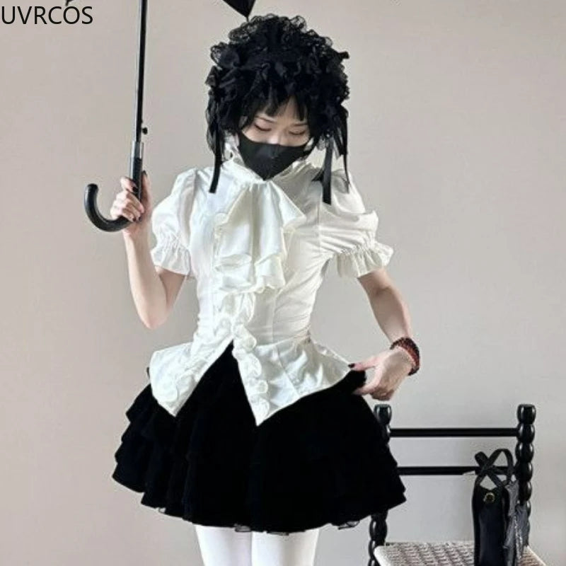 Japanese Victorian Gothic Lolita Puff Sleeves Shirts Y2k Aesthetic