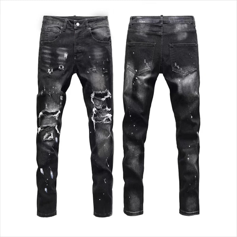 Vintage Washed Distressed Denim Jeans Men Paint Splatter Ripped Slim