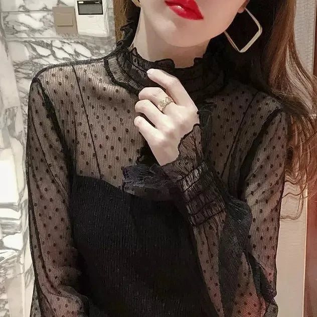 Women Elegant High Neck Polka Dot Blouse Mesh Lace Stitching Puff Long