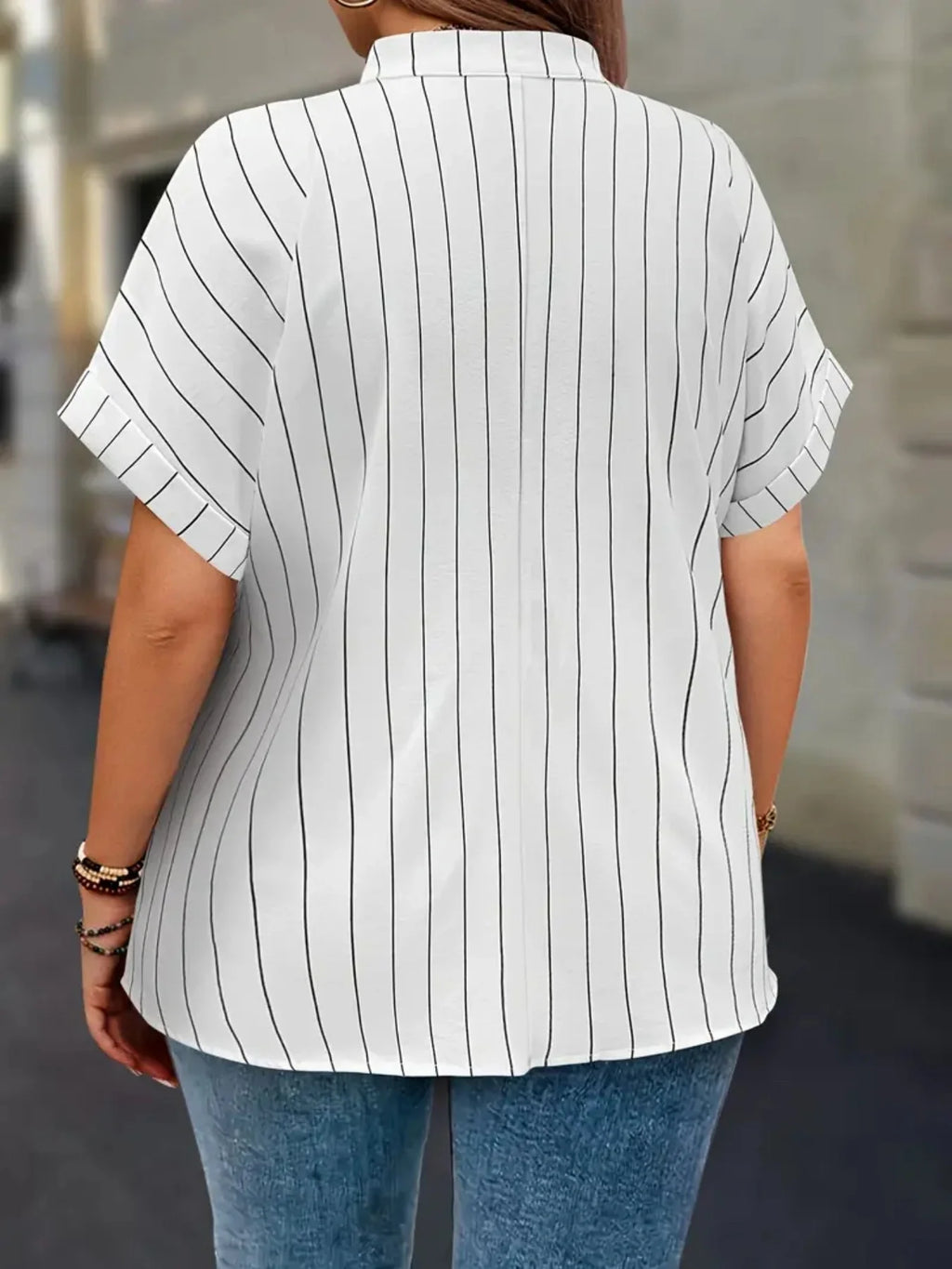 Gadinus White Plus Size Striped Blouse Women V Neck Button Front Short