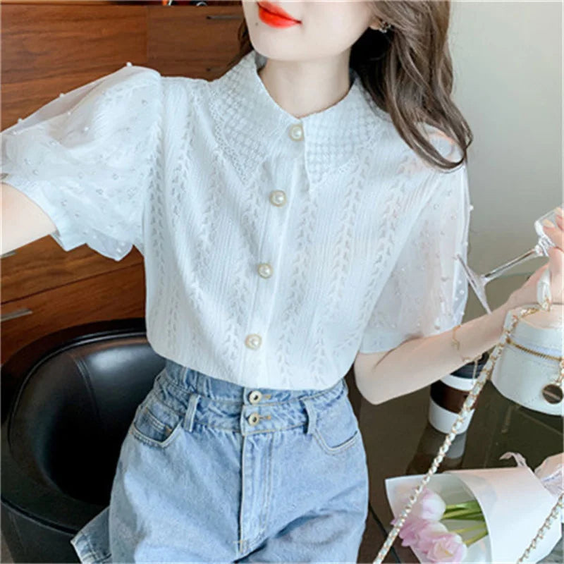 Women Spring Summer Style Lace Blouses Shirts Lady Casual Short Puff