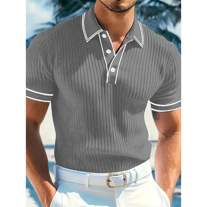 New Men's Short Sleeved Summer Color Blocked Striped Lapel Polo Shirt