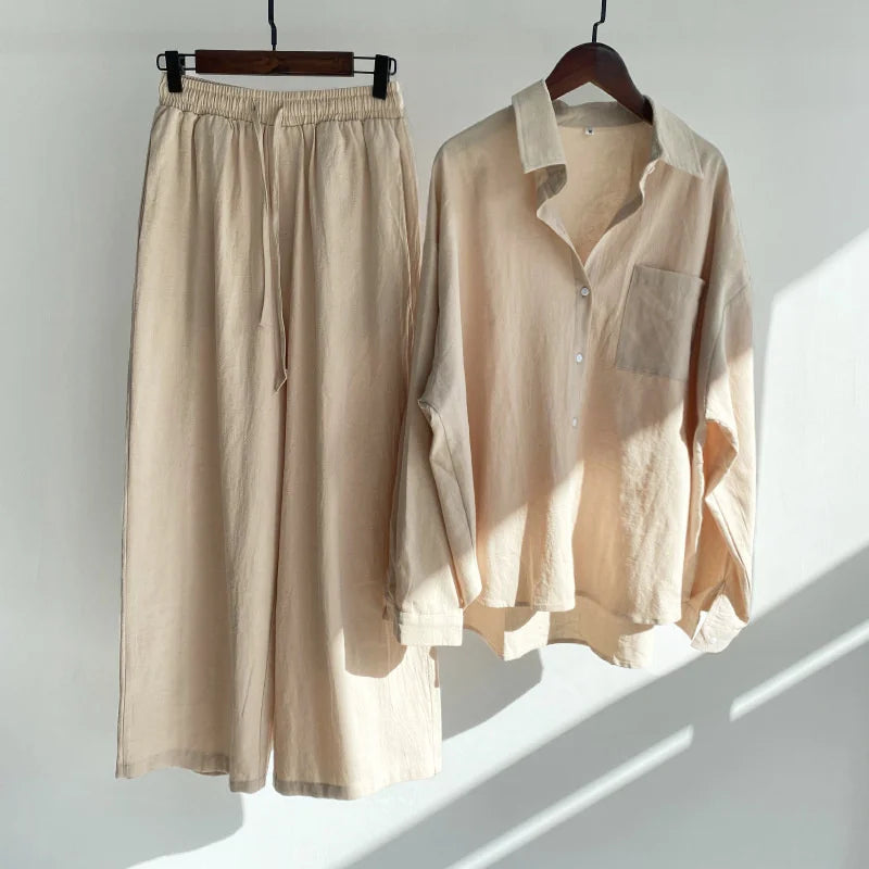 Large Size Two-piece Suit Women Cotton Linen Sets Long-sleeved Blouse