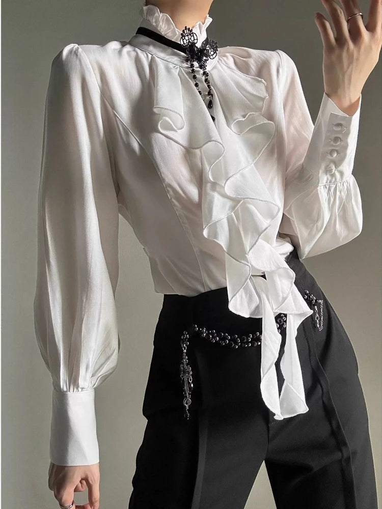 Deeptown White Ruffles Elegant Vintage Women Blouses Black Y2k