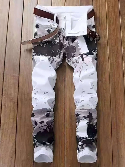 Men's Jeans Casual Black And Grey Printed Denim Pants Slim Fit