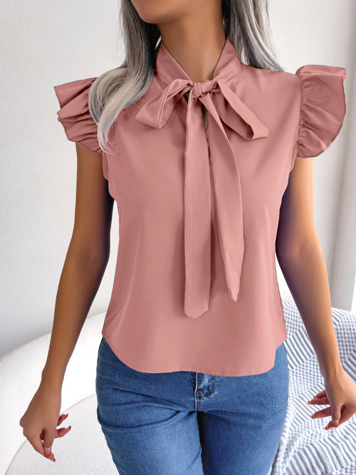 Women's Casual Bow Ruffle Short Sleeve Chiffon Blouse V Neck Lace Up