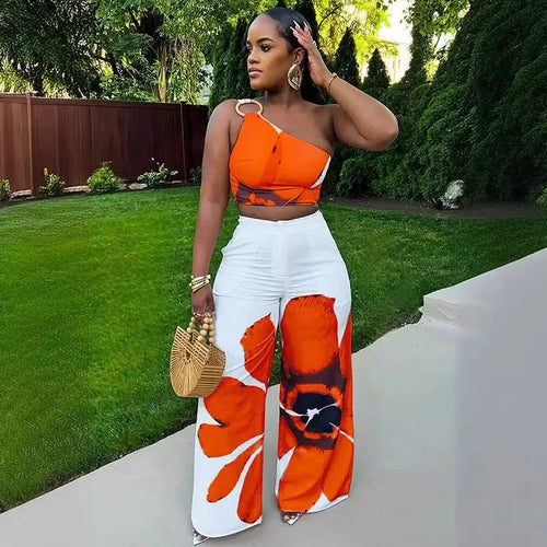 Floral Print Summer Two Piece Set Women Holiday One Shoulder Crop Top