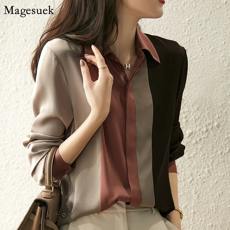 2025 Women Satin Button Blouse Autumn New Vintage Long Sleeve Polo