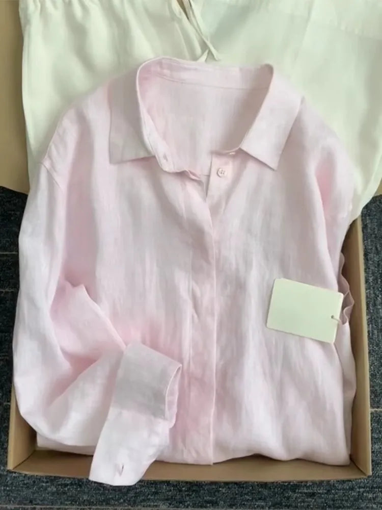 Casual Office Ladies Work Solid Color Linen Shirt Long Sleeve Spring