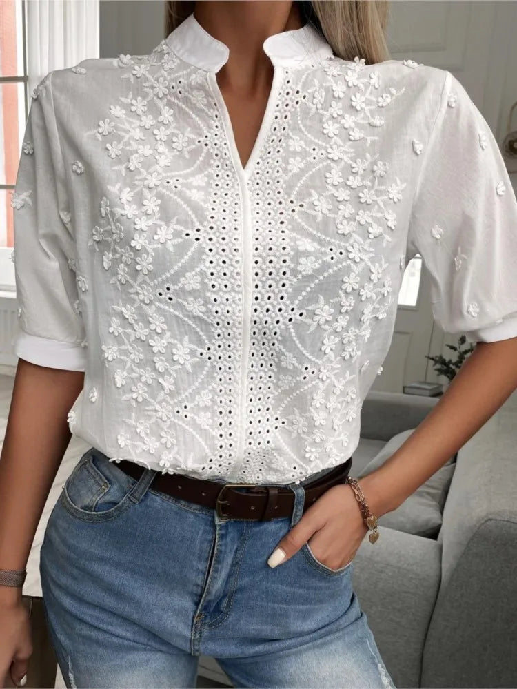 Summer Women's White Top Blouse New Fashion Elegnat V Neck Short
