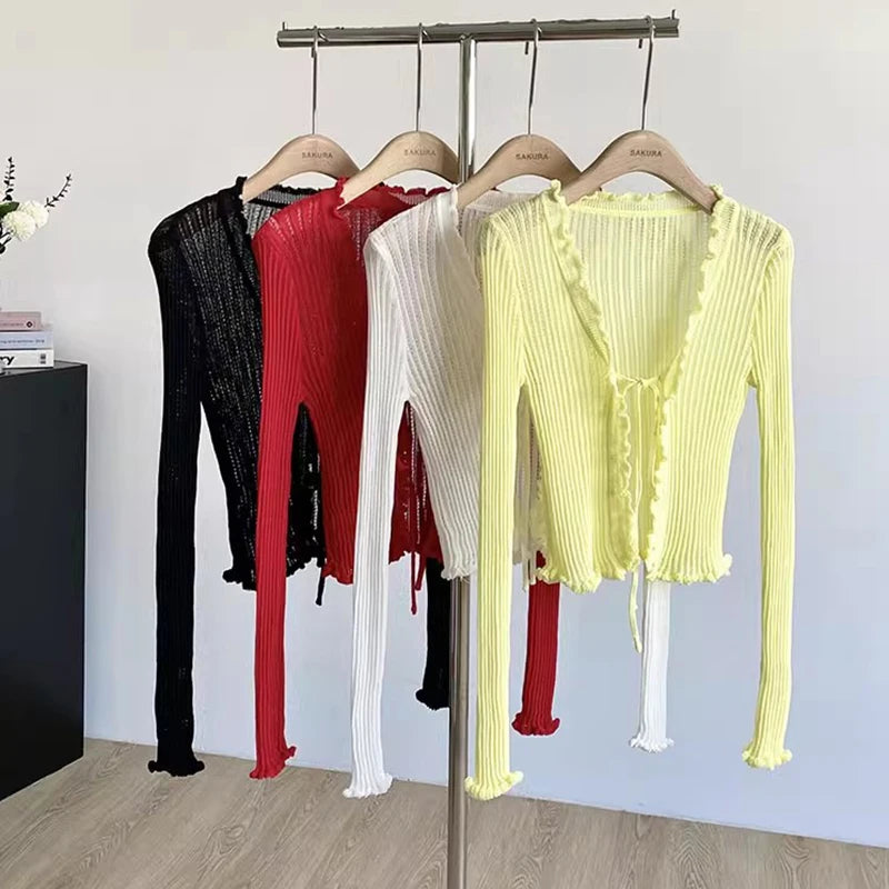 Ribbed Knit Cardigan with Tie Front Ruffled Trim Crop Tops Lightweight
