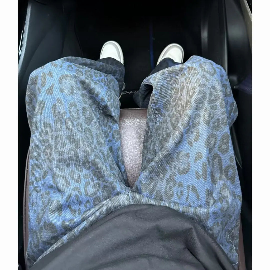 Men Loose Wide Leg Leopard Graphic Jeans Male Classic American Vintage