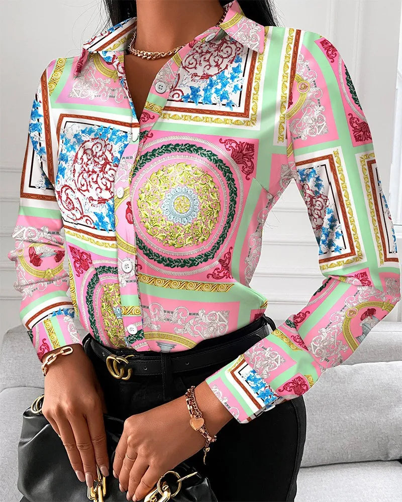 Women Fashion Wild Shirts Chain/Floral/Letter/Geometric Square Print