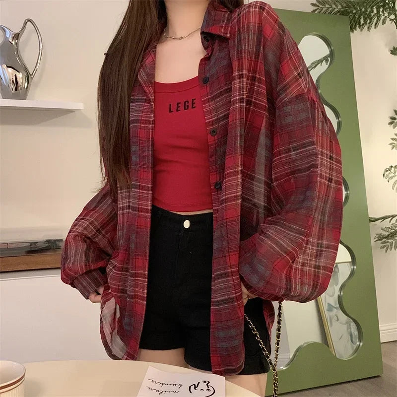 Tops Women Sheer Chiffon Plaid Shirt Long Sleeve Button Up Collared