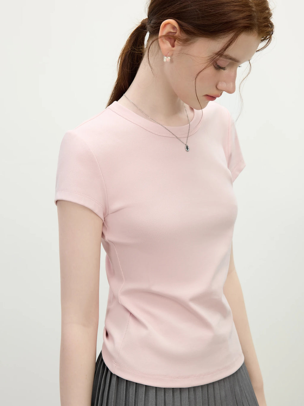 FSLE MInimalism Style Pink Straight Shoulder Short-sleeved T-shirt for