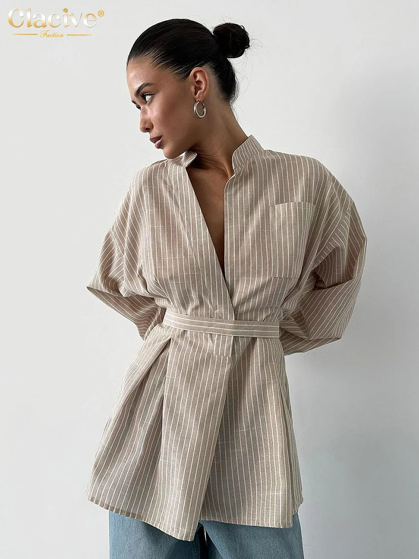 Clacive Vintage Loose Brown Stripe Women Shirts 2025 Fashion Stand