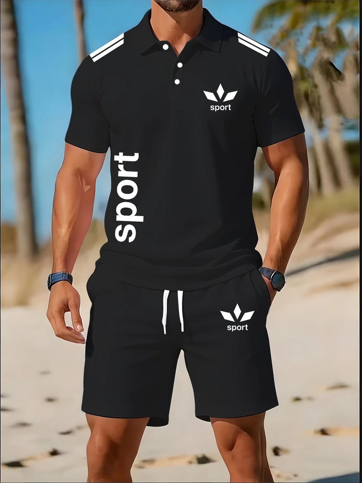 Men 2Pcs Set Short Sleeve Lapel Polo Shirt Drawstring Elastic Waist