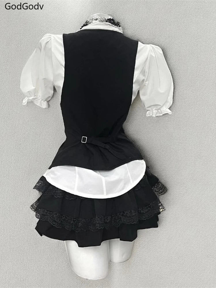 Spring Sweet Retro Elegant Woman 3 Piece Sets Preppy Style Black Vest