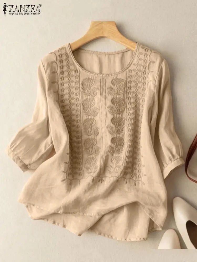 ZANZEA Summer Vintage Lace Crochet Blouse Women O Neck 3/4 Sleeve Tops