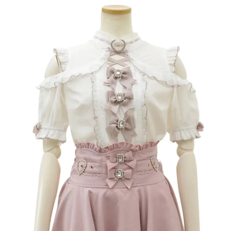 Gothic Lolita Blouses Women Sweet Bow Off Shoulder JK Shirt Japanese