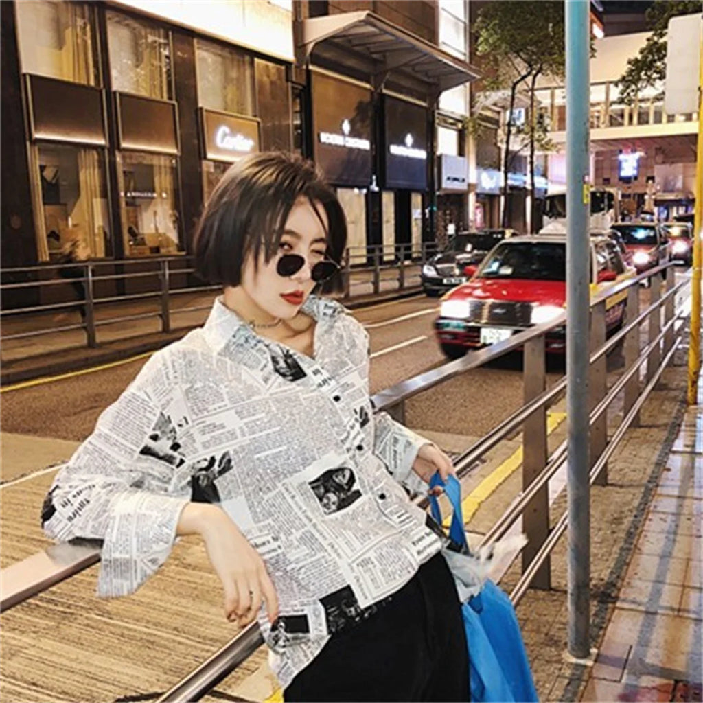 Trendy Shirt Blouse Simple Thin Newspaper Print Shirt Summer Loose
