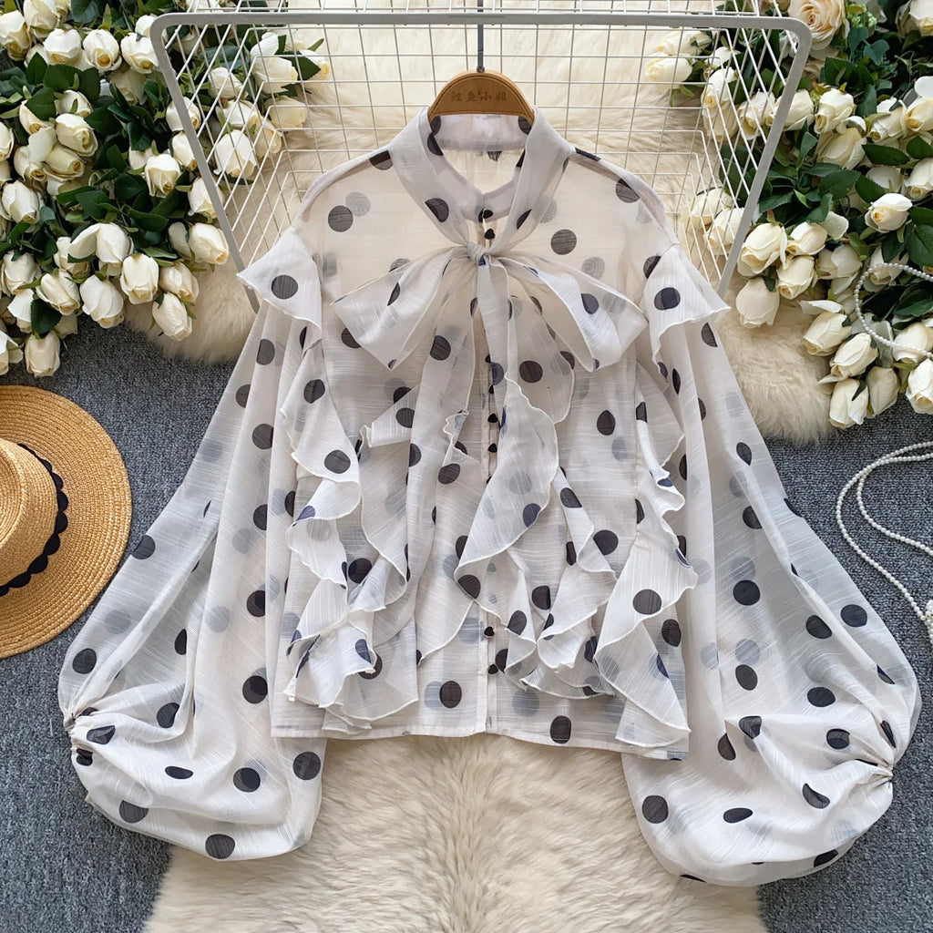 Women Butterfly Bow Lace-up Vintage Lantern Long Sleeve Top Slim