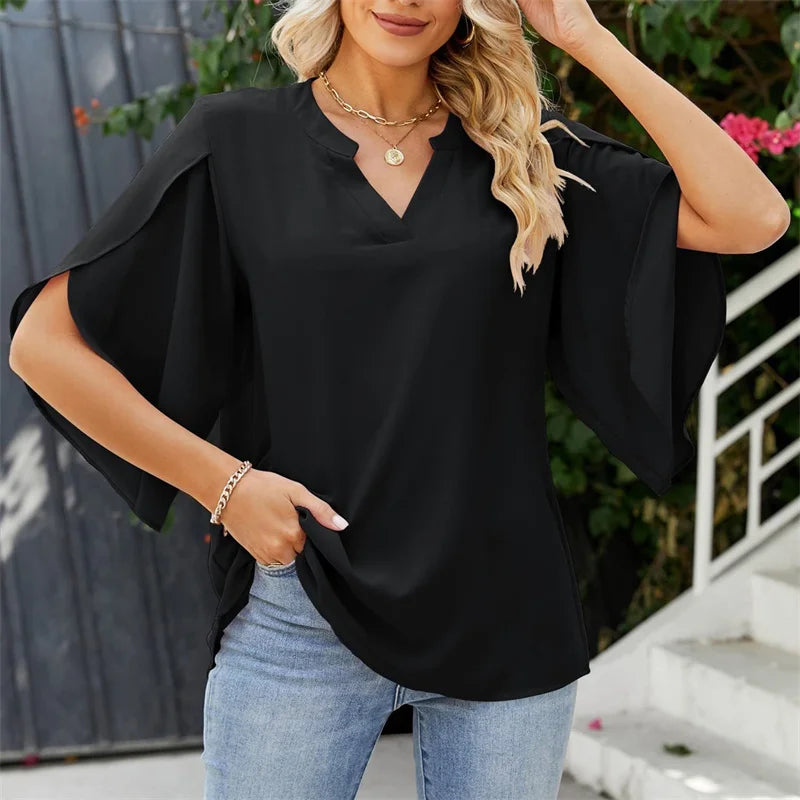 Women Summer Style Chiffon Blouses Shirts Lady Casual Short Flare