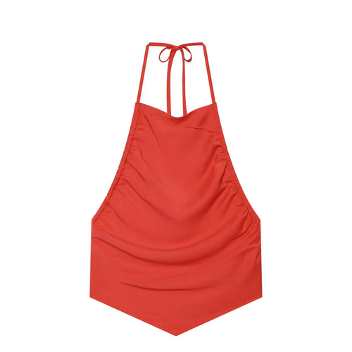 HXAO Red Ruffled Pants Sets Women's Suit Halter Crop Backless