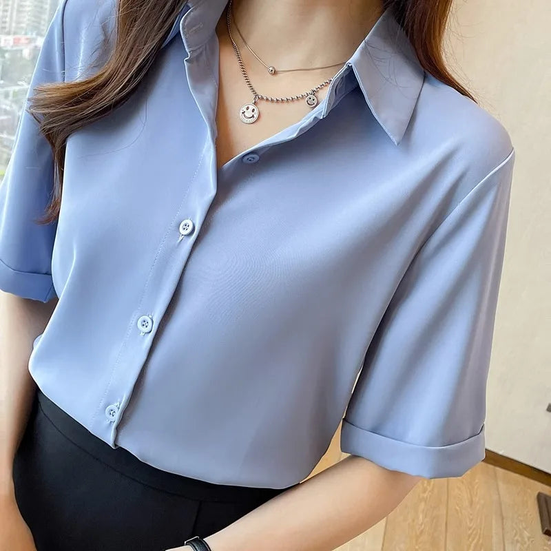 Summer Short Sleeve V-Neck Chiffon Shirt Women's Clothing 2024 Spring