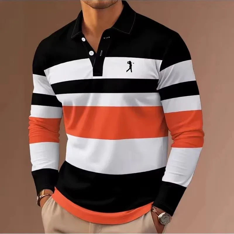 Men's striped rugby polo long-sleeved collar shirt casual school