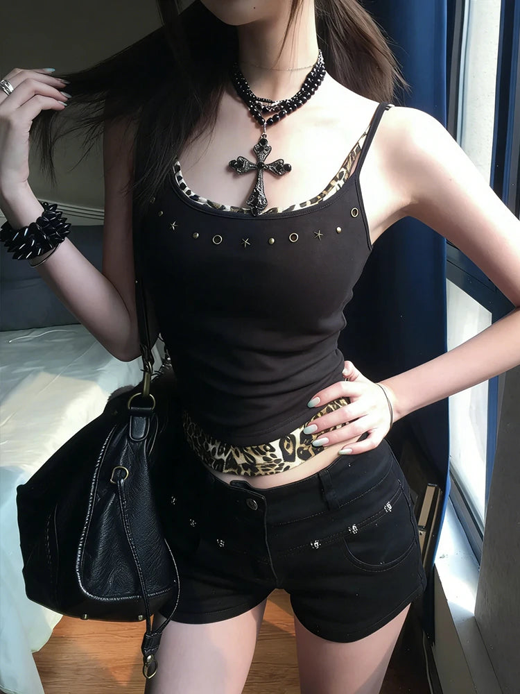 Genayooa Gothic Vintage Tank Tops Women Patchwork Leopard Fake Two